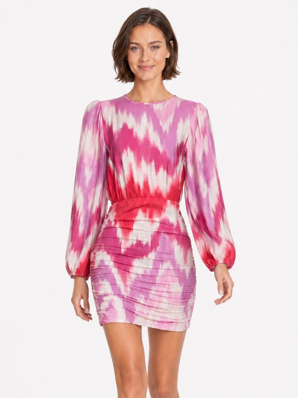 MAJE Ritie Tie Dye Printed Viscose Mini Dress NEW! Size 40 / US 8 Pink Ruched